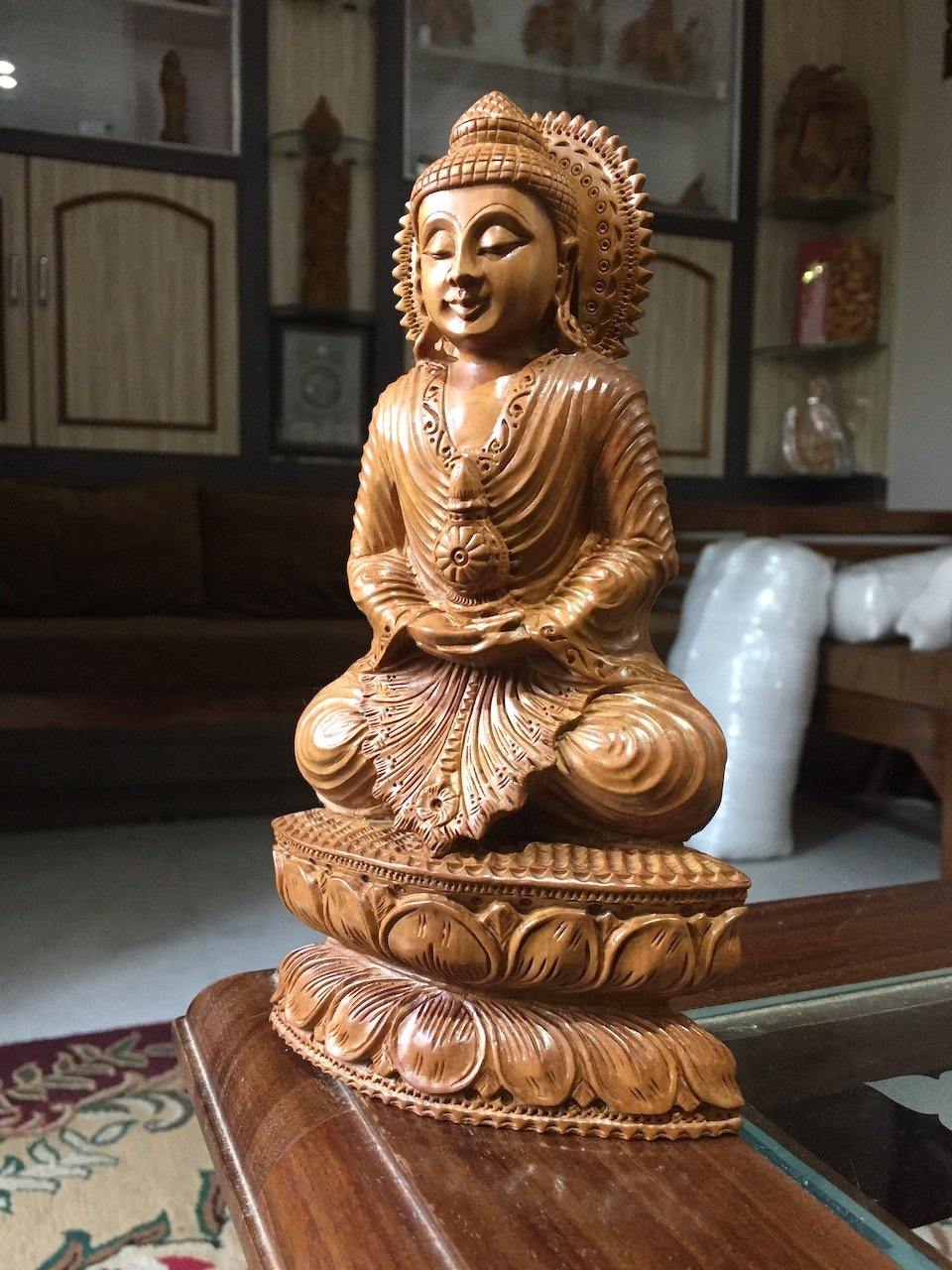 Sandalwood Beautifully Hand Carved Rare Meditation Buddha Statue - Malji Arts