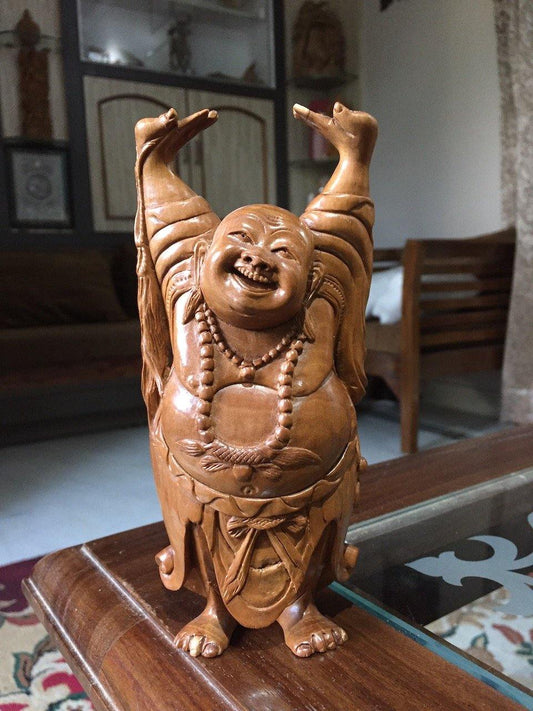 Sandalwood Carved Happy Man Laughing Buddha Statue - Malji Arts