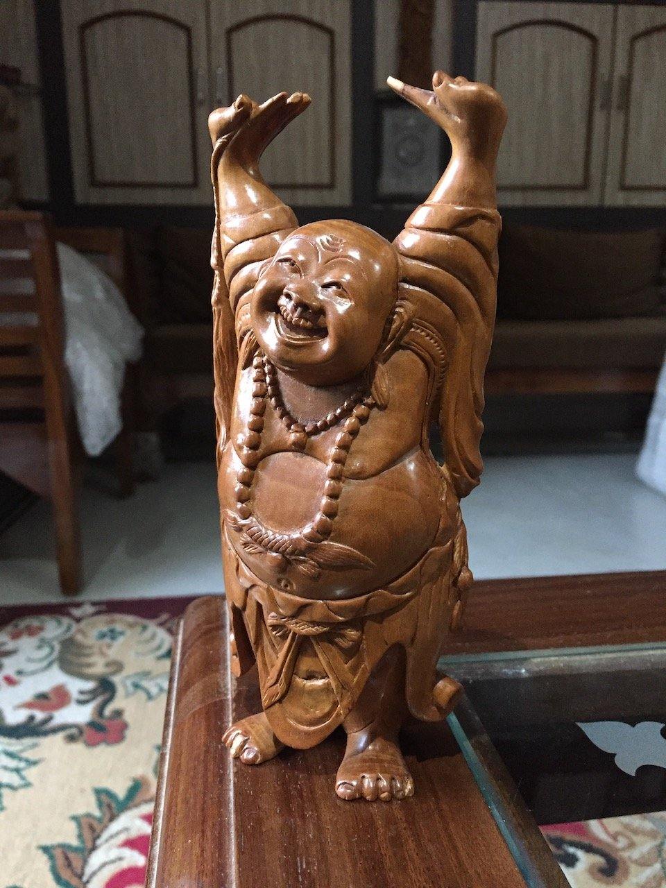 Sandalwood Carved Happy Man Laughing Buddha Statue - Malji Arts