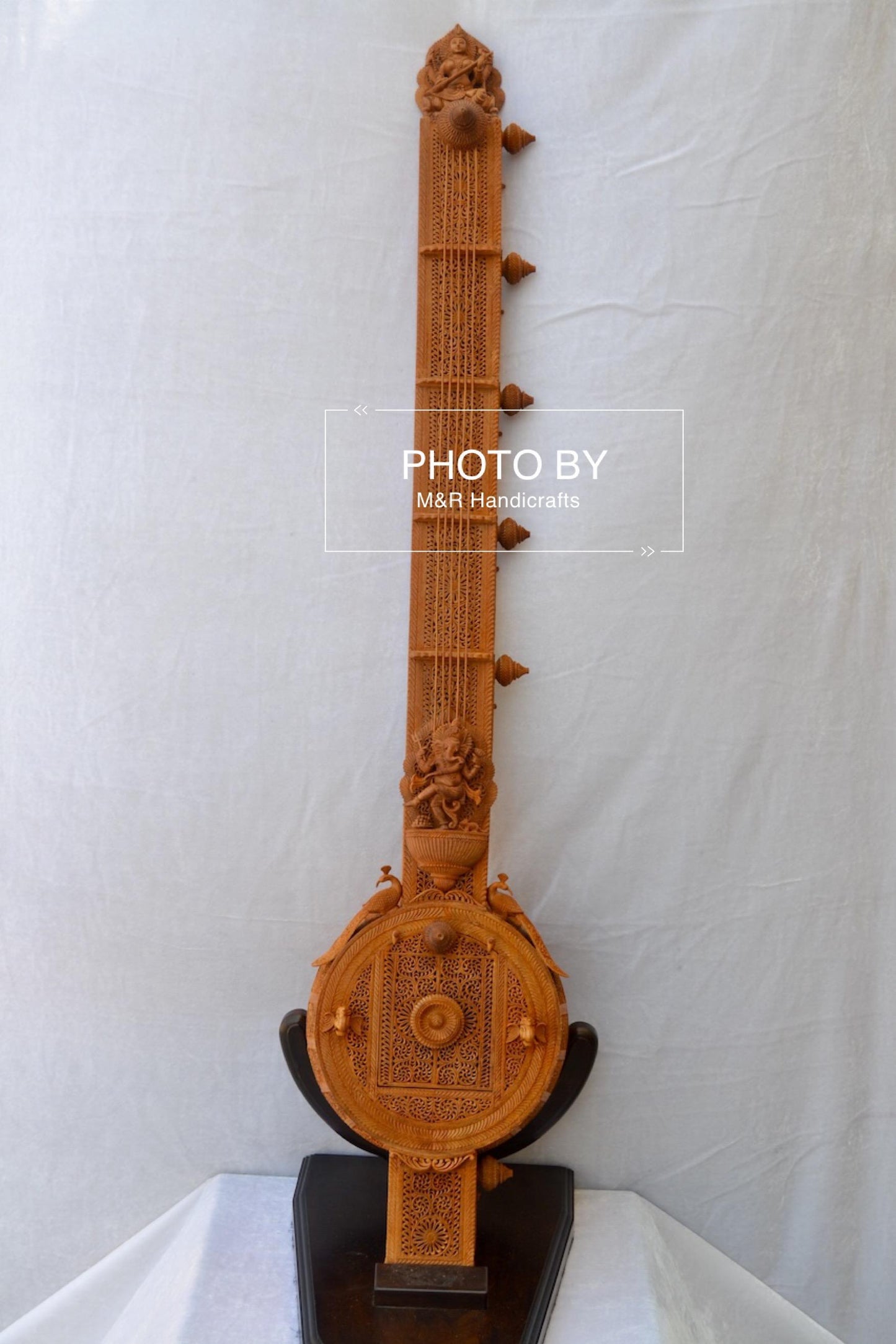 Unique 4ft Sandalwood Carved Opening Sitar or Veena Collective Art - Malji Arts