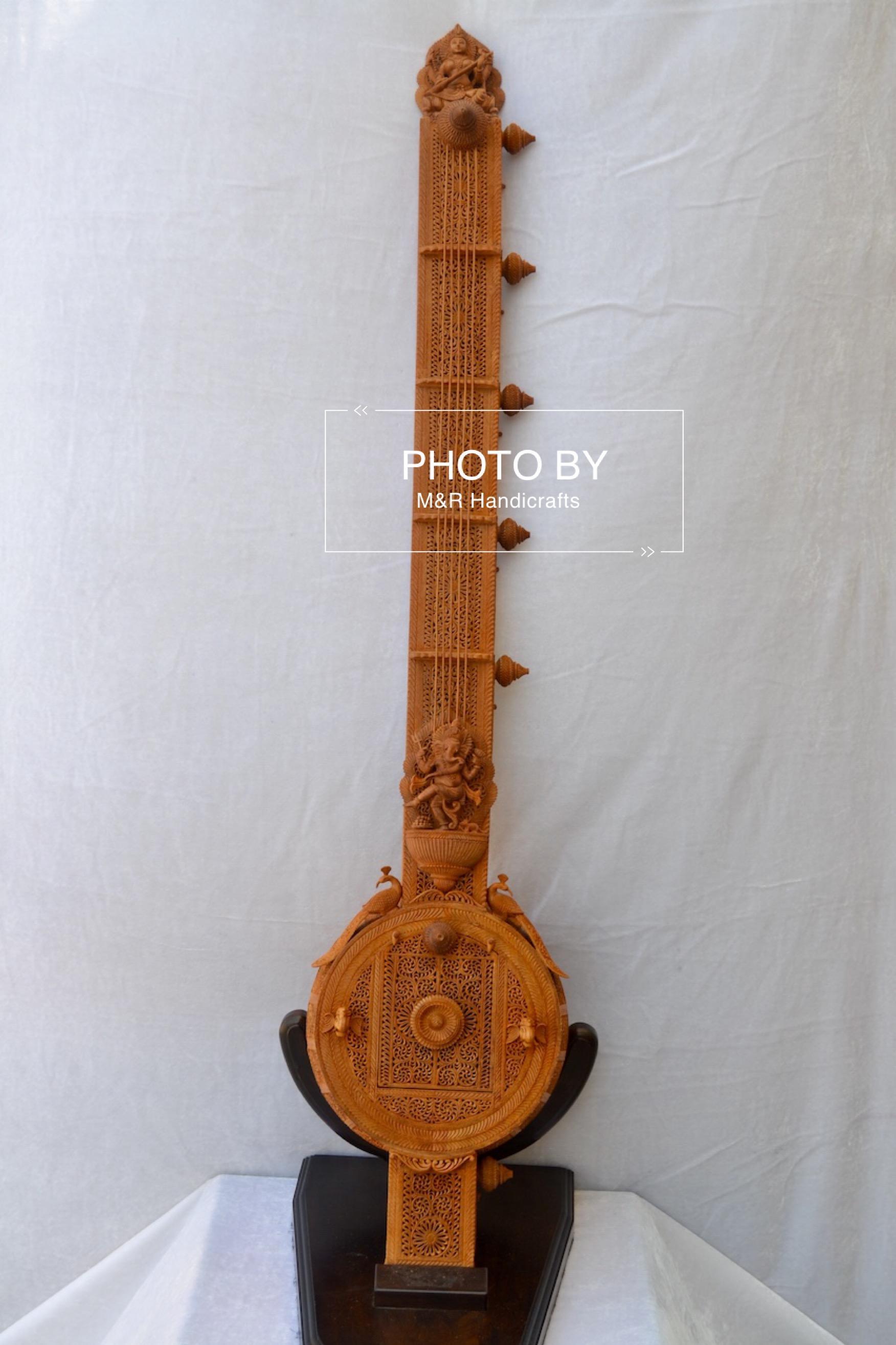 Unique 4ft Sandalwood Carved Opening Sitar or Veena Collective Art - Malji Arts