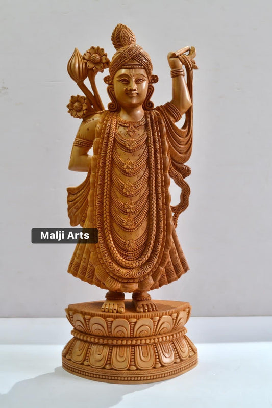 Fine Wood Carved Lord Shri Nath Ji Statue - Malji Arts