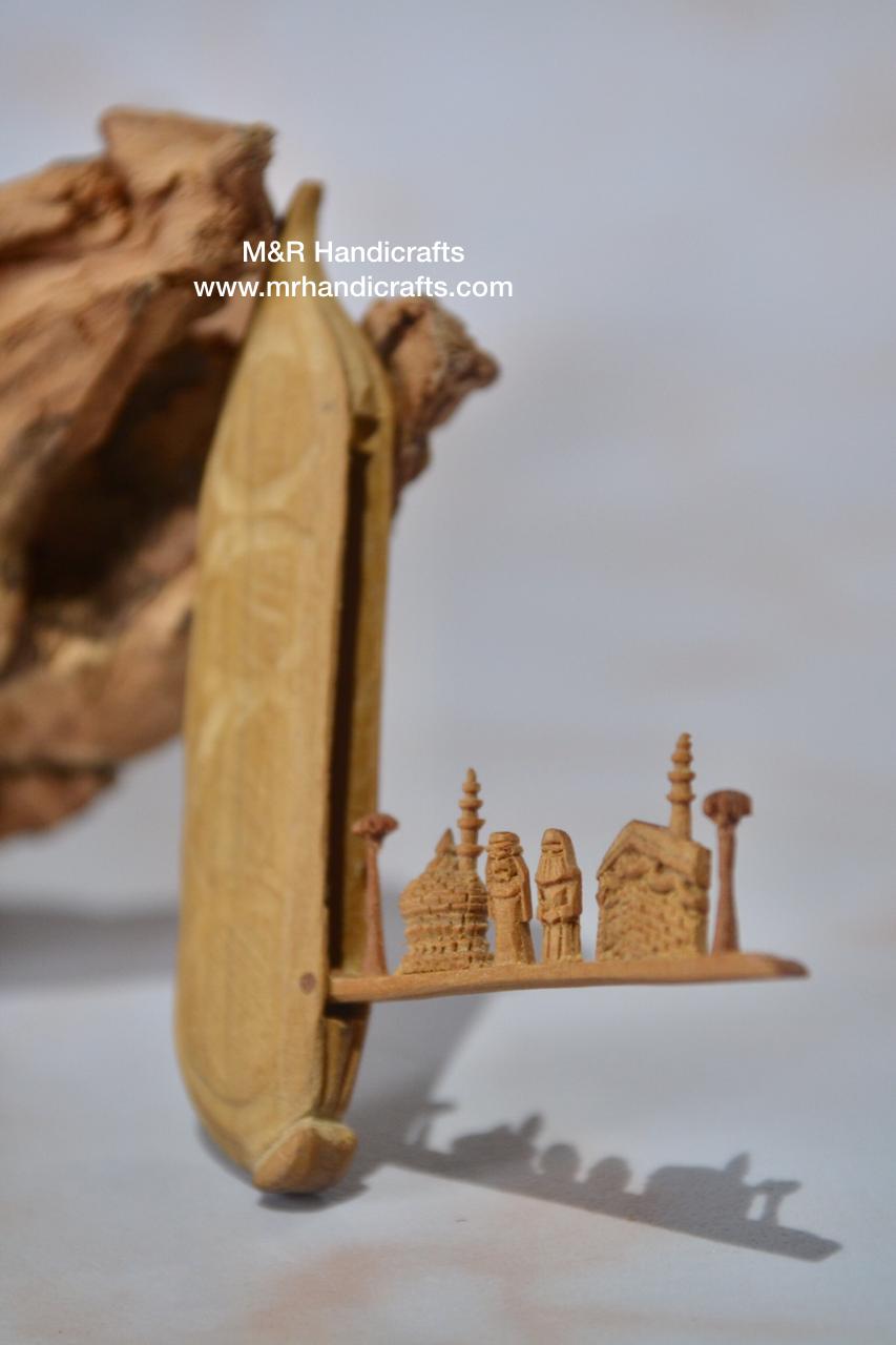 Sandalwood Miniature Carved Peapod Bean Features The Makkah Madina Inside - Malji Arts