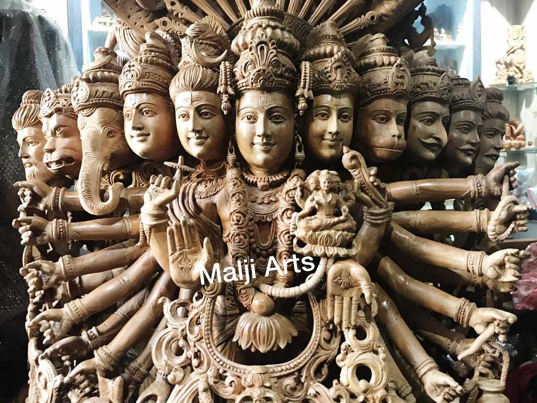 Sandalwood Fine Carved Viswaroopam With Mahabharata Story Sculpture - Malji Arts