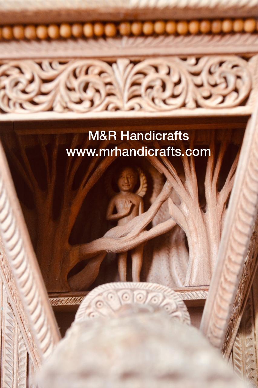 Sandalwood Carved Lord Mahaveera Jainism Jharokha with 14 Opening Lids - Malji Arts
