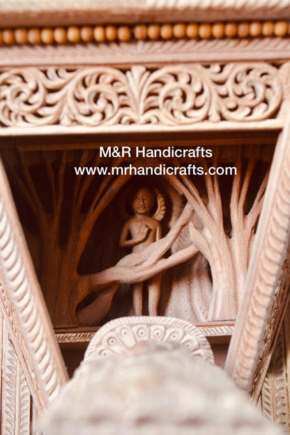 Sandalwood Carved Lord Mahaveera Jainism Jharokha with 14 Opening Lids - Malji Arts