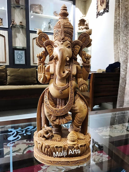Wooden Ganesha Standing Fine Detailed Carved Statue - Malji Arts