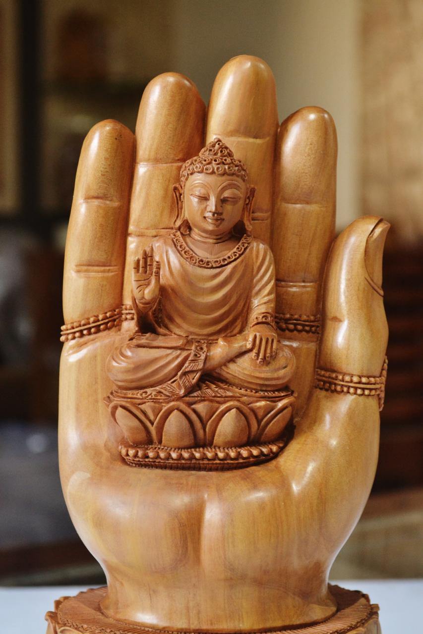 Sandalwood handmade Buddha statue in palm collectible Home Decor Gift - Malji Arts