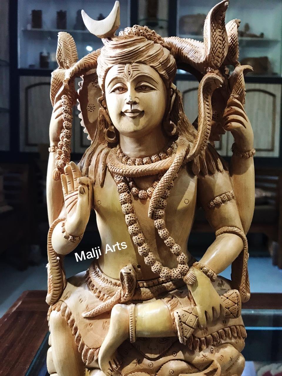 Wooden Shiva Sitting Hand Carved Statue - Malji Arts