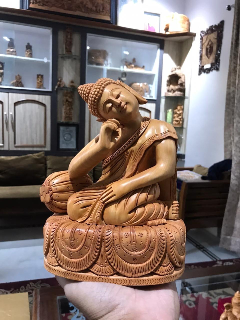 Wooden Smiling Buddha Resting Statue - Malji Arts