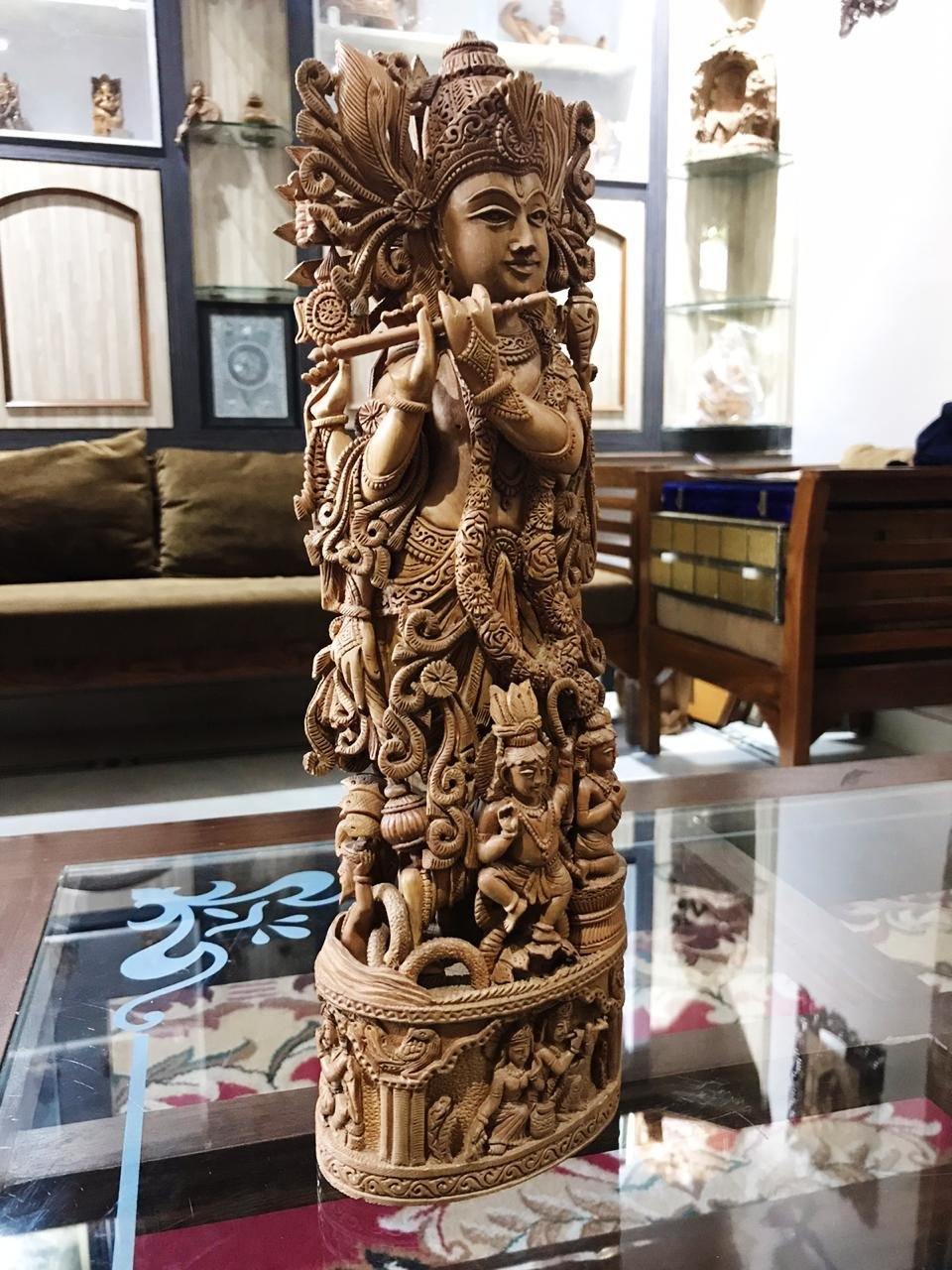 Sandalwood Carved Lord Krishna Statue Collective Art Piece - Malji Arts