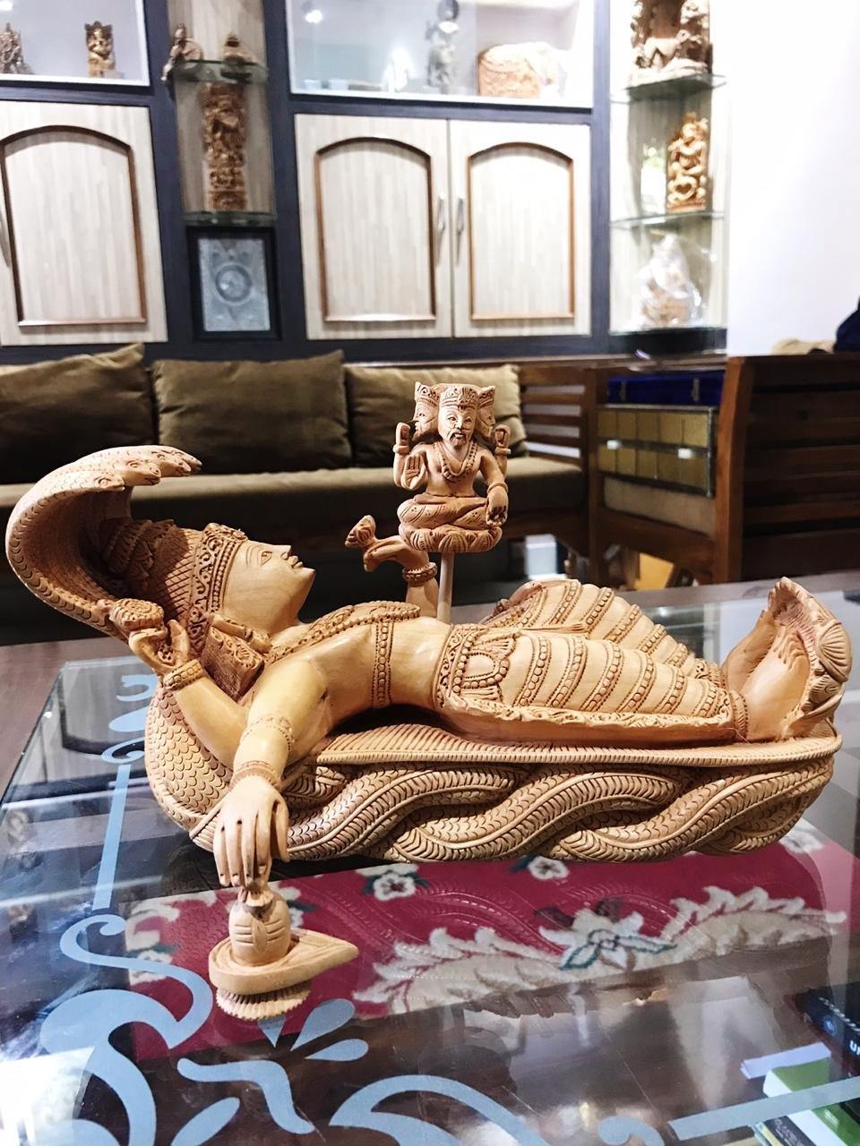 Wooden Sleeping Lord Vishnu Fine Carved Statue - Malji Arts