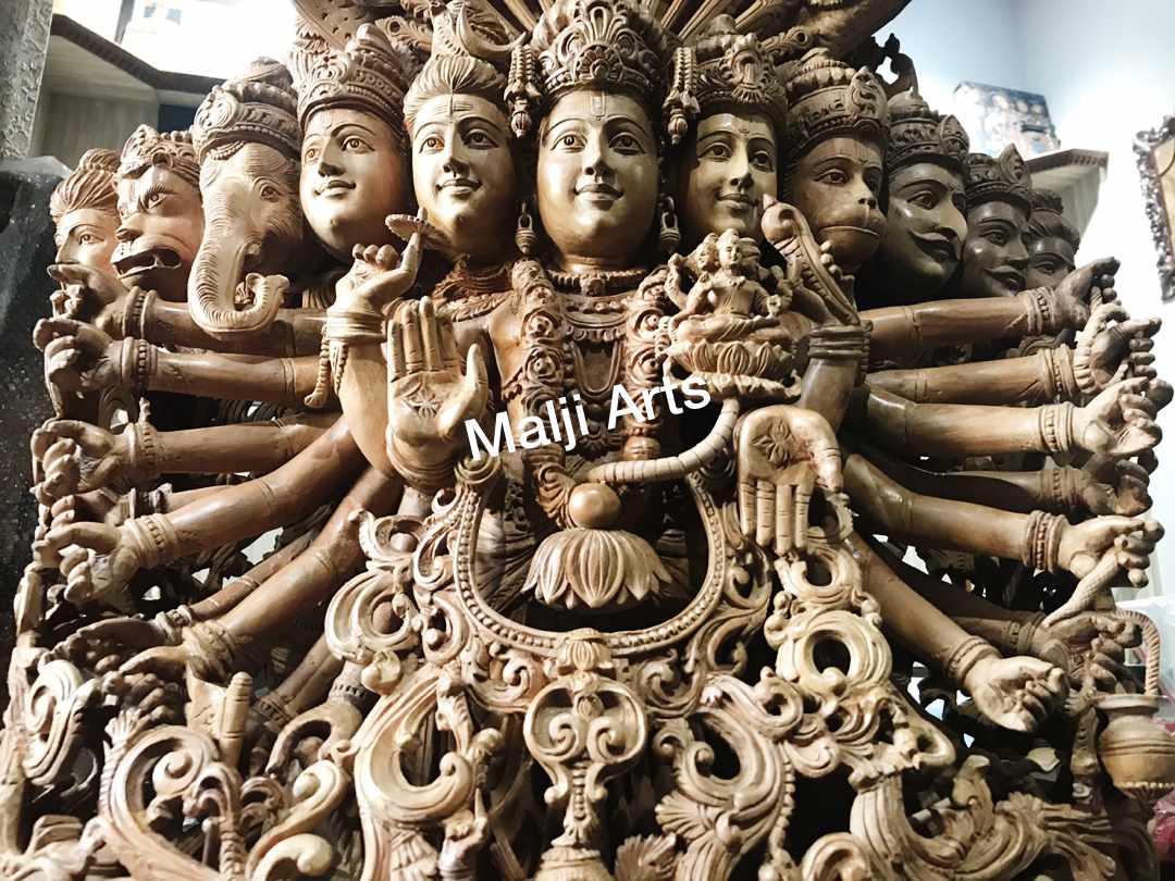 Sandalwood Fine Carved Viswaroopam With Mahabharata Story Sculpture - Malji Arts