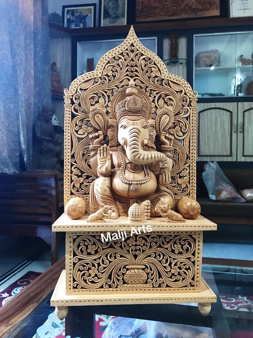 Wooden Fine Carved Ganesha with Jali Work - Malji Arts