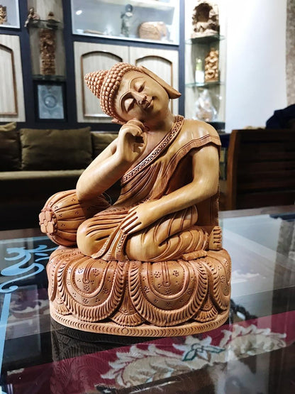 Wooden Smiling Buddha Resting Statue - Malji Arts