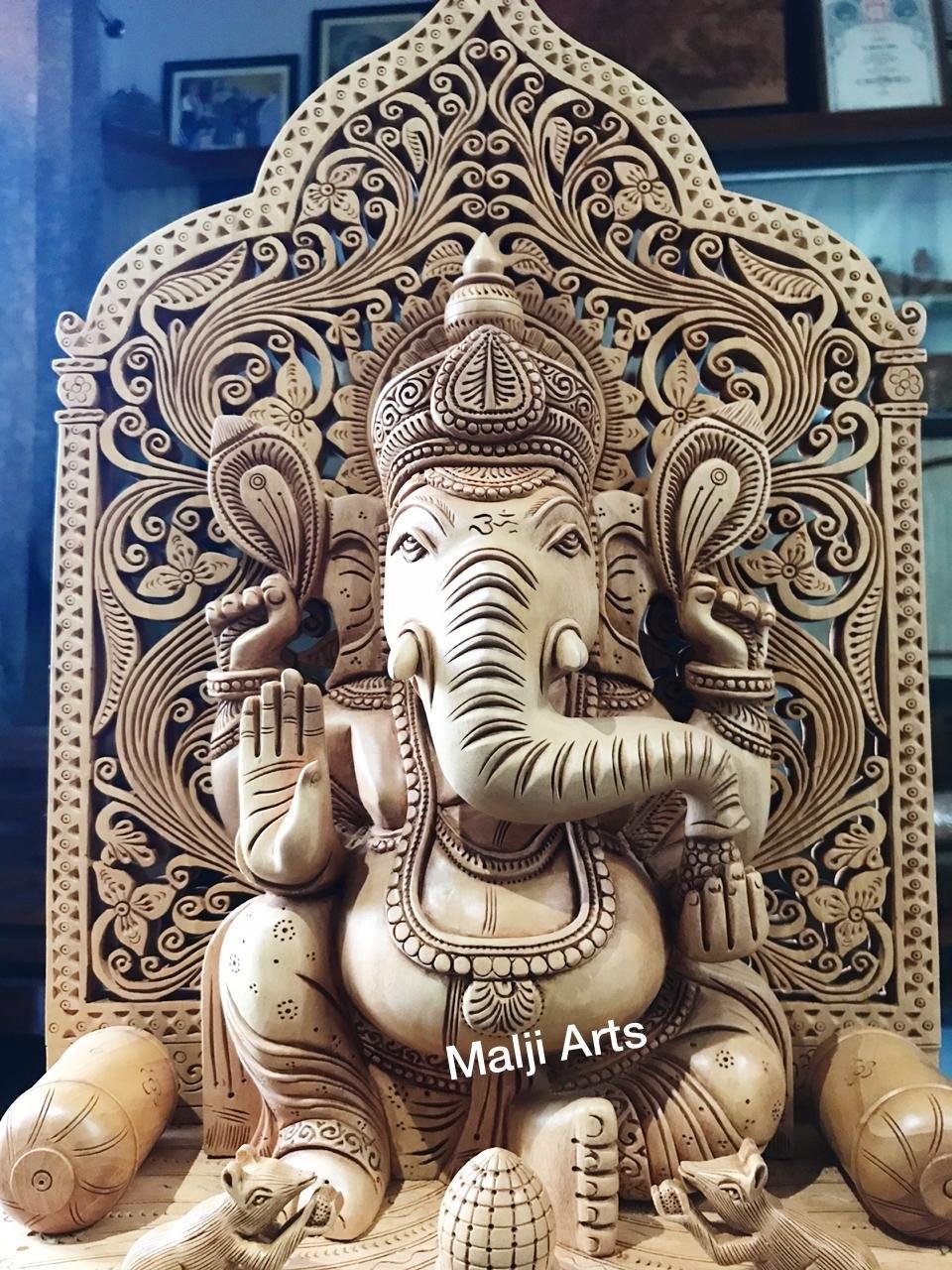 Wooden Fine Carved Ganesha with Jali Work - Malji Arts