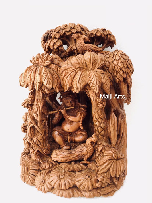 Sandalwood Baby krishna under tree playing flute - Malji Arts