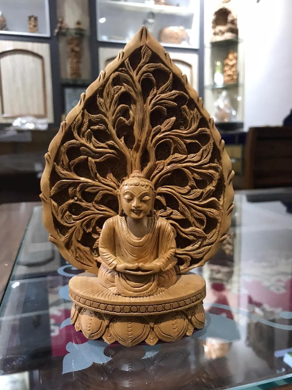 Wooden buddha meditation on leaf fine carved statue - Malji Arts