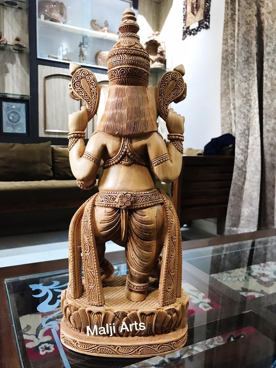 Wooden Ganesha Standing Fine Detailed Carved Statue - Malji Arts