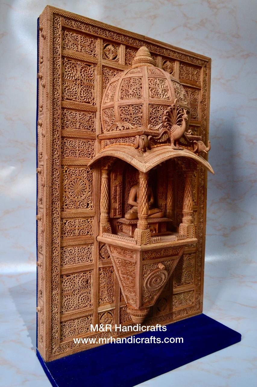 Sandalwood Carved Lord Mahaveera Jainism Jharokha with 14 Opening Lids - Malji Arts