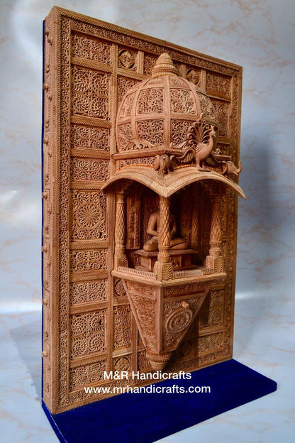 Sandalwood Carved Lord Mahaveera Jainism Jharokha with 14 Opening Lids - Malji Arts