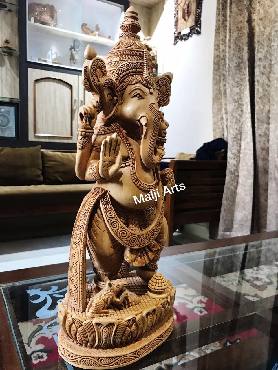 Wooden Ganesha Standing Fine Detailed Carved Statue - Malji Arts