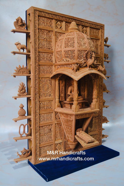 Sandalwood Carved Lord Mahaveera Jainism Jharokha with 14 Opening Lids - Malji Arts