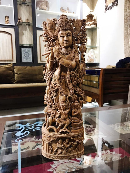 Sandalwood Carved Lord Krishna Statue Collective Art Piece - Malji Arts