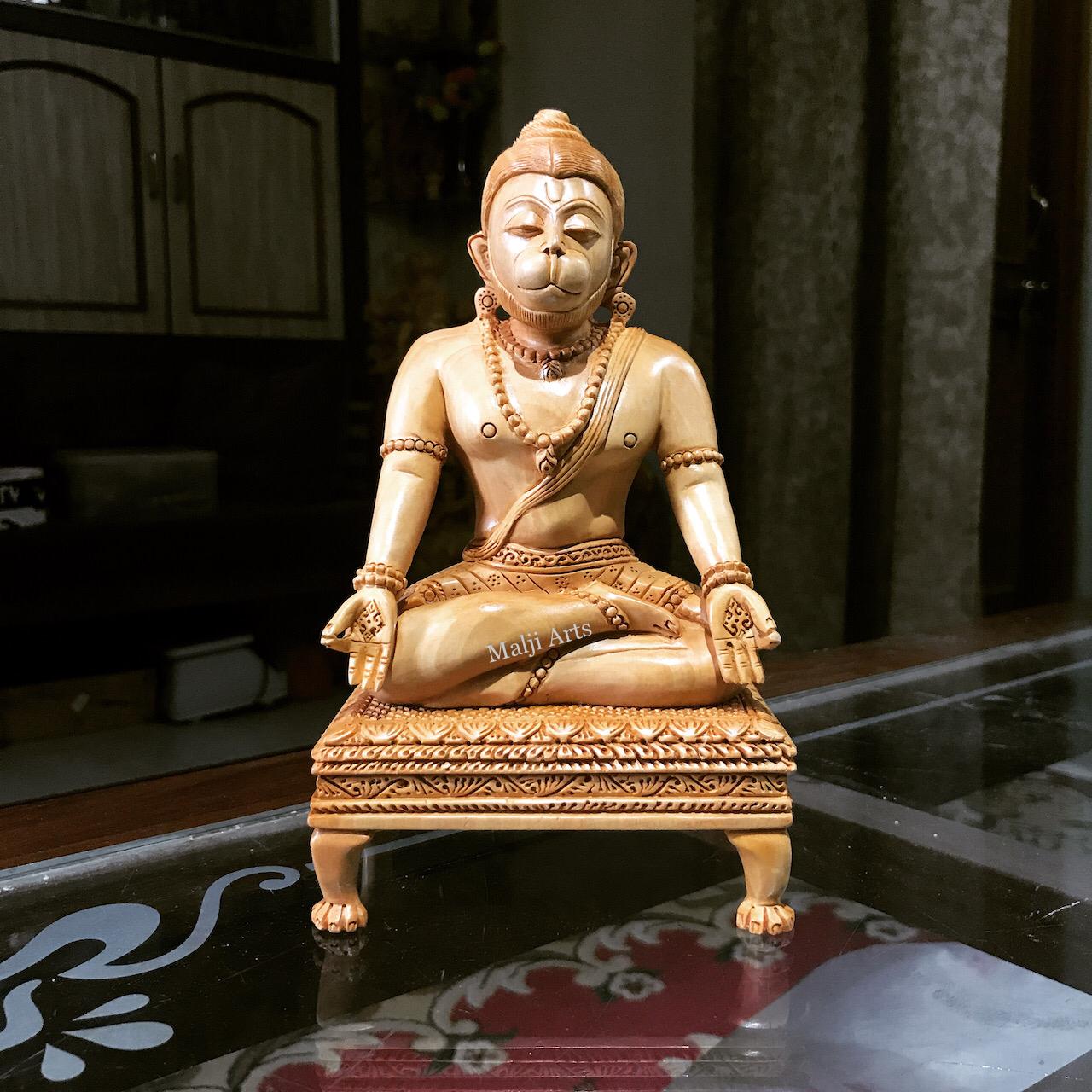Wooden Lord Hanumana Meditation Statue - Malji Arts