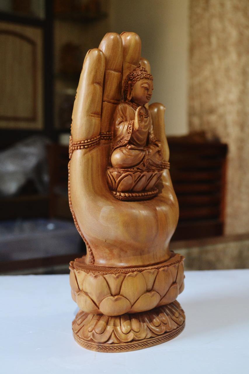 Sandalwood handmade Buddha statue in palm collectible Home Decor Gift - Malji Arts