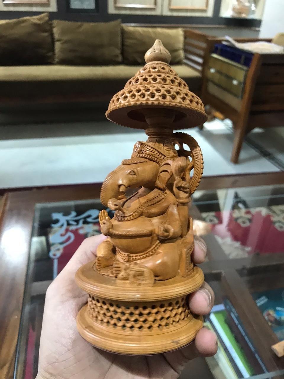 Wooden Round Jali Ganesha Fine Hand Carved Statue - Malji Arts
