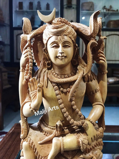 Wooden Shiva Sitting Hand Carved Statue - Malji Arts