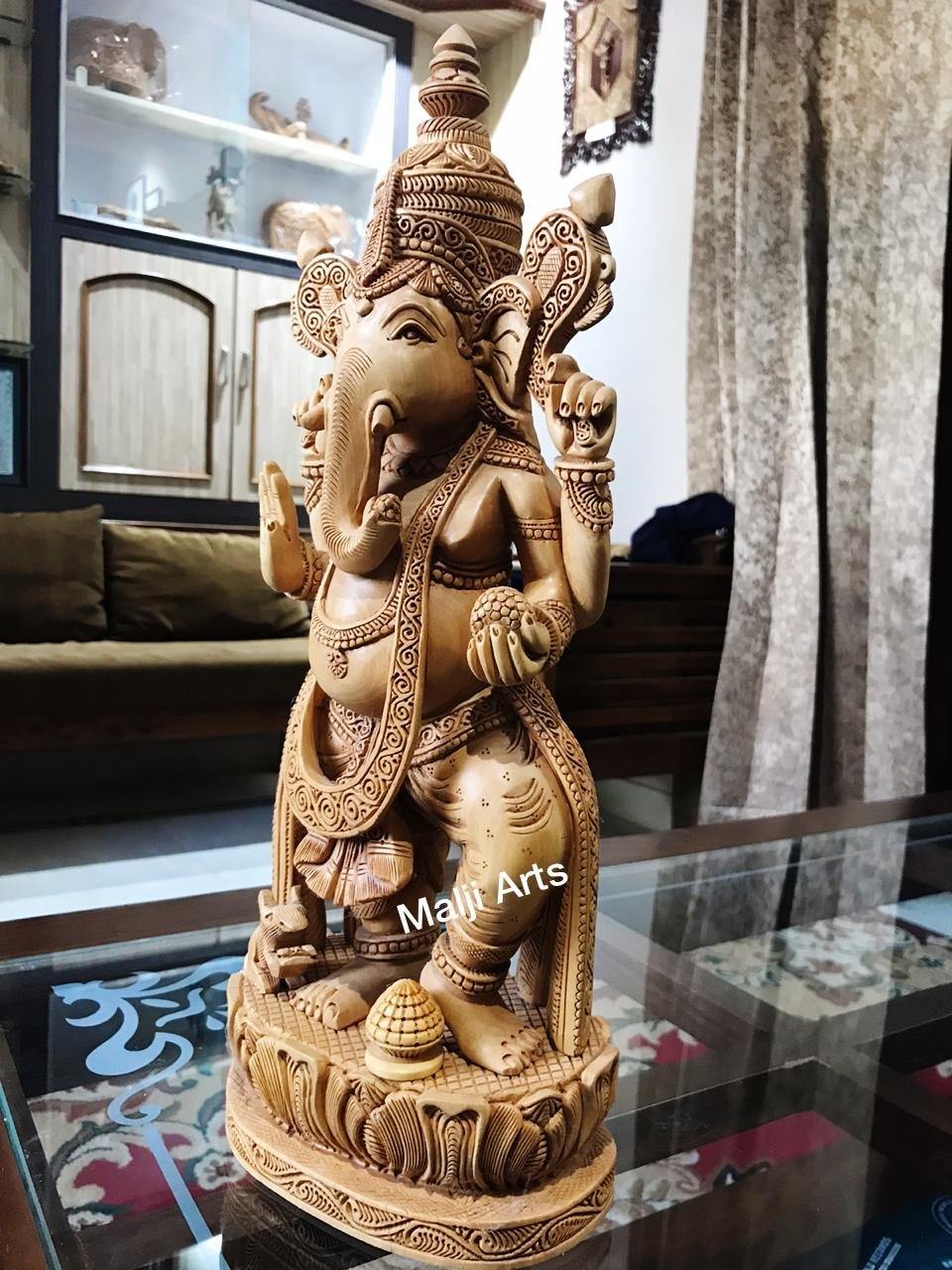 Wooden Ganesha Standing Fine Detailed Carved Statue - Malji Arts