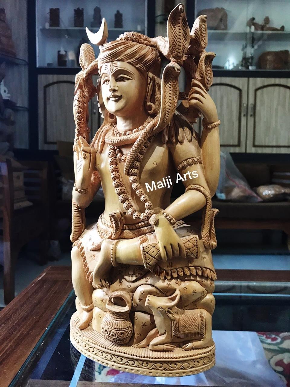 Wooden Shiva Sitting Hand Carved Statue - Malji Arts