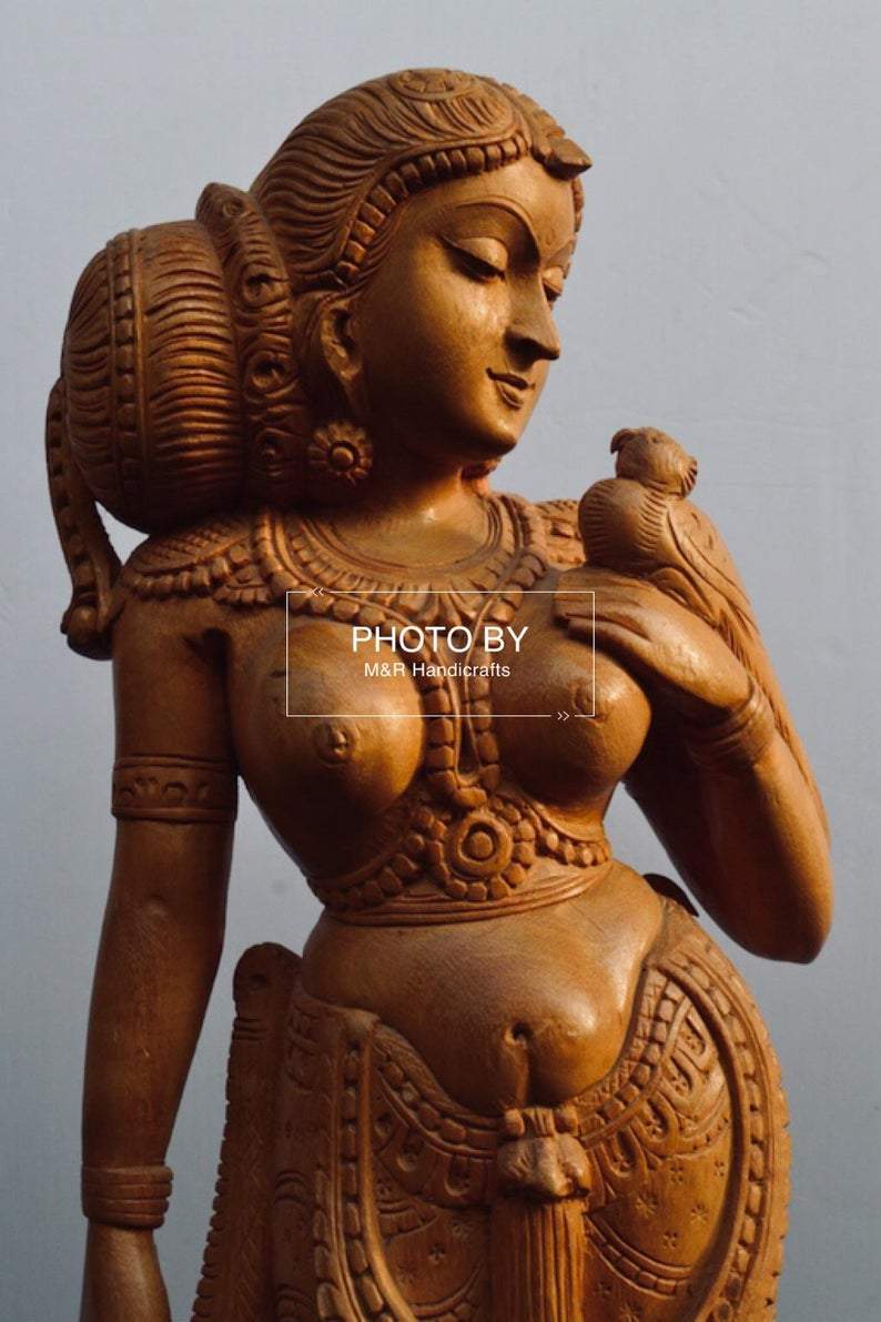 Wooden Royal Antique Standing Indian Lady Statue - Malji Arts