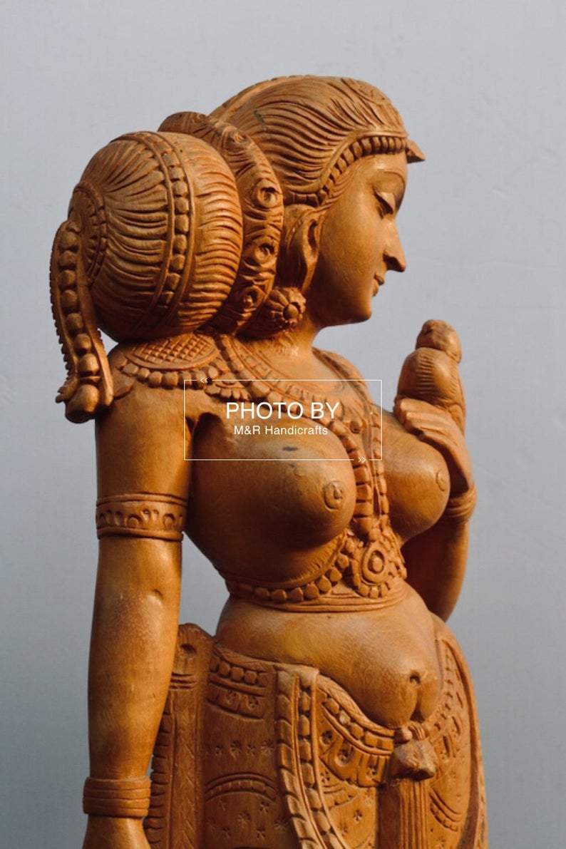 Wooden Royal Antique Standing Indian Lady Statue - Malji Arts