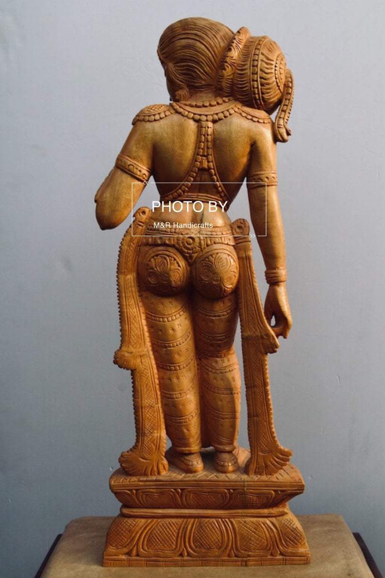 Wooden Royal Antique Standing Indian Lady Statue - Malji Arts