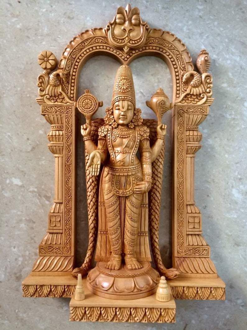 Wooden Fine Carved TIRUPATI BALAJI Statue - Malji Arts