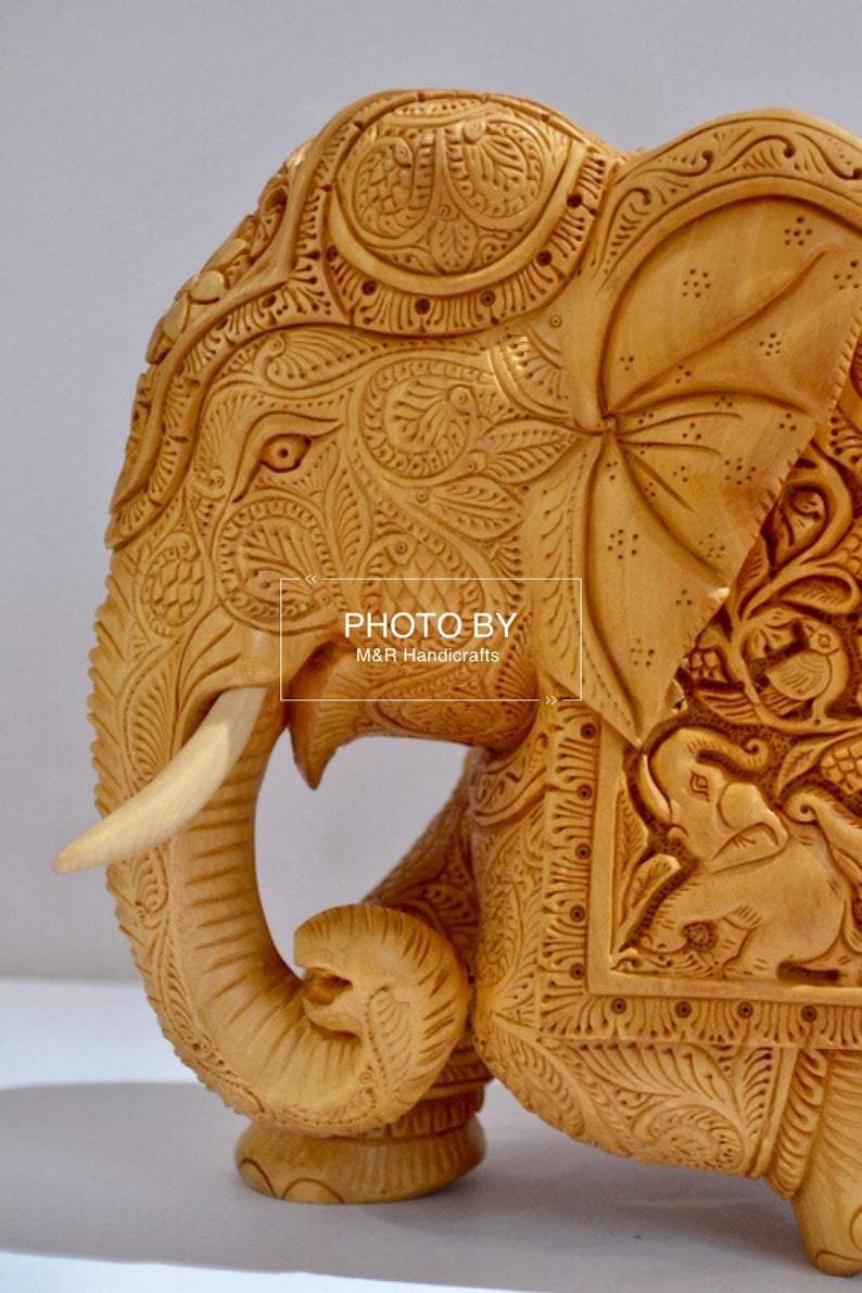 Wooden Very Fine Carved Elephant with Body Carving - Malji Arts