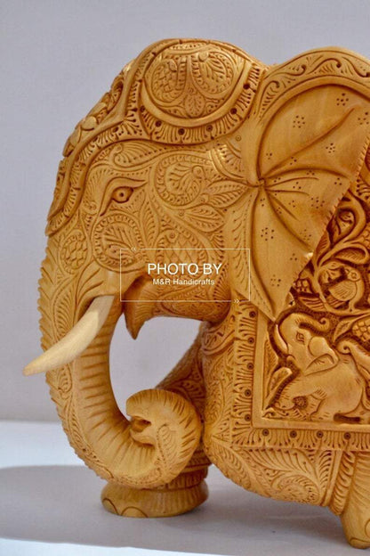 Wooden Very Fine Carved Elephant with Body Carving - Malji Arts