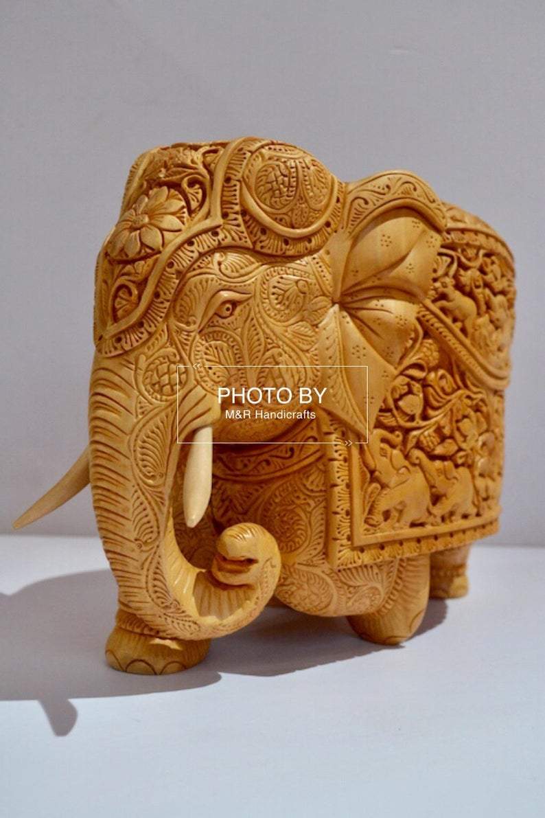 Wooden Very Fine Carved Elephant with Body Carving - Malji Arts