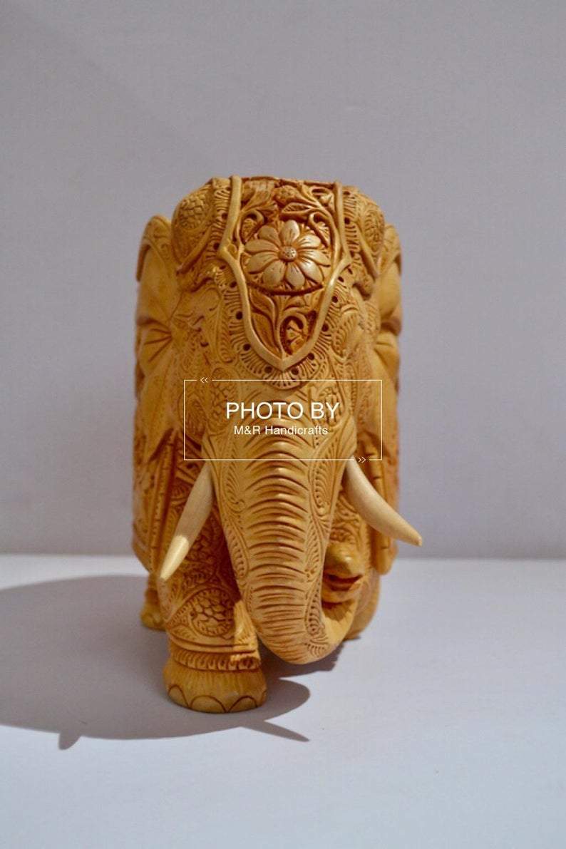 Wooden Very Fine Carved Elephant with Body Carving - Malji Arts
