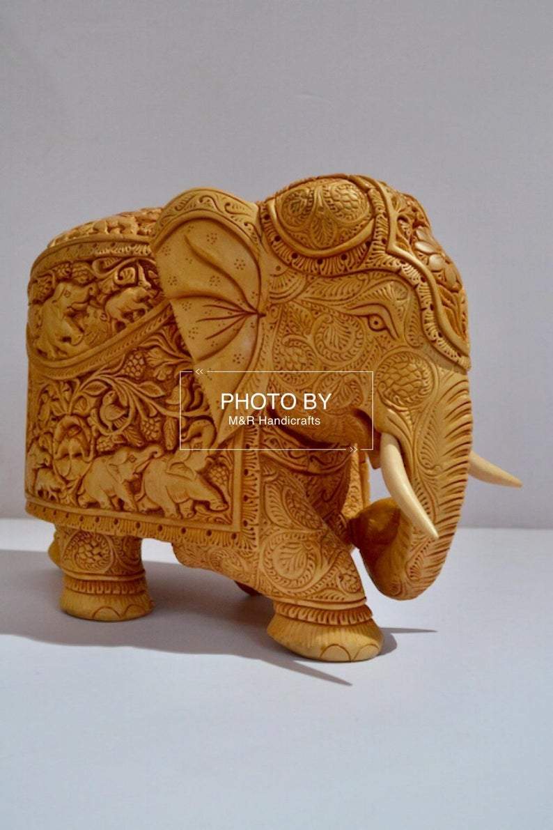 Wooden Very Fine Carved Elephant with Body Carving - Malji Arts