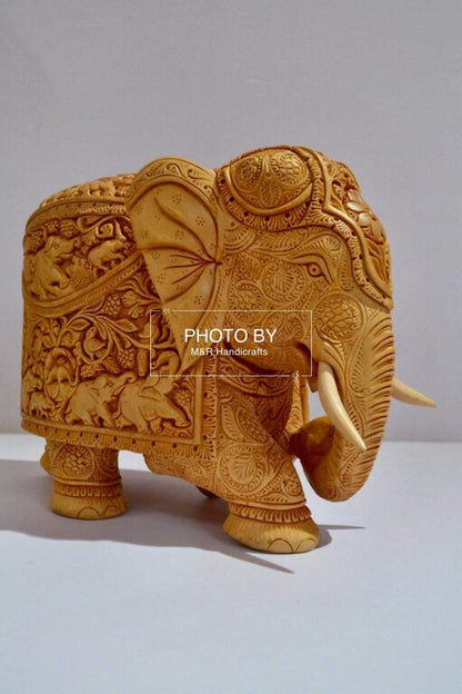 Wooden Very Fine Carved Elephant with Body Carving - Malji Arts