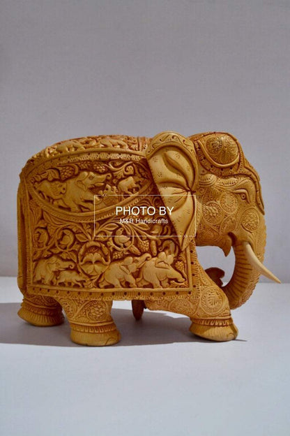 Wooden Very Fine Carved Elephant with Body Carving - Malji Arts