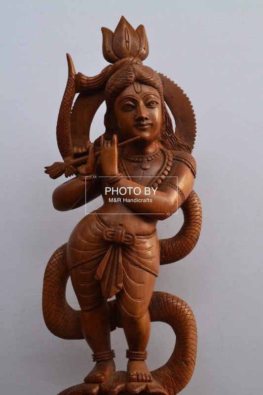 Sandalwood Antique Baby Krishna on Kalia Naag / Snack - Malji Arts