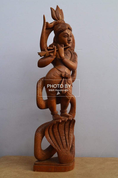 Sandalwood Antique Baby Krishna on Kalia Naag / Snack - Malji Arts