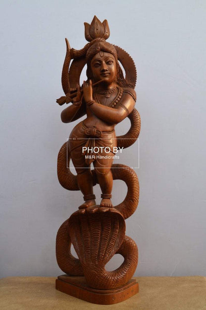 Sandalwood Antique Baby Krishna on Kalia Naag / Snack - Malji Arts