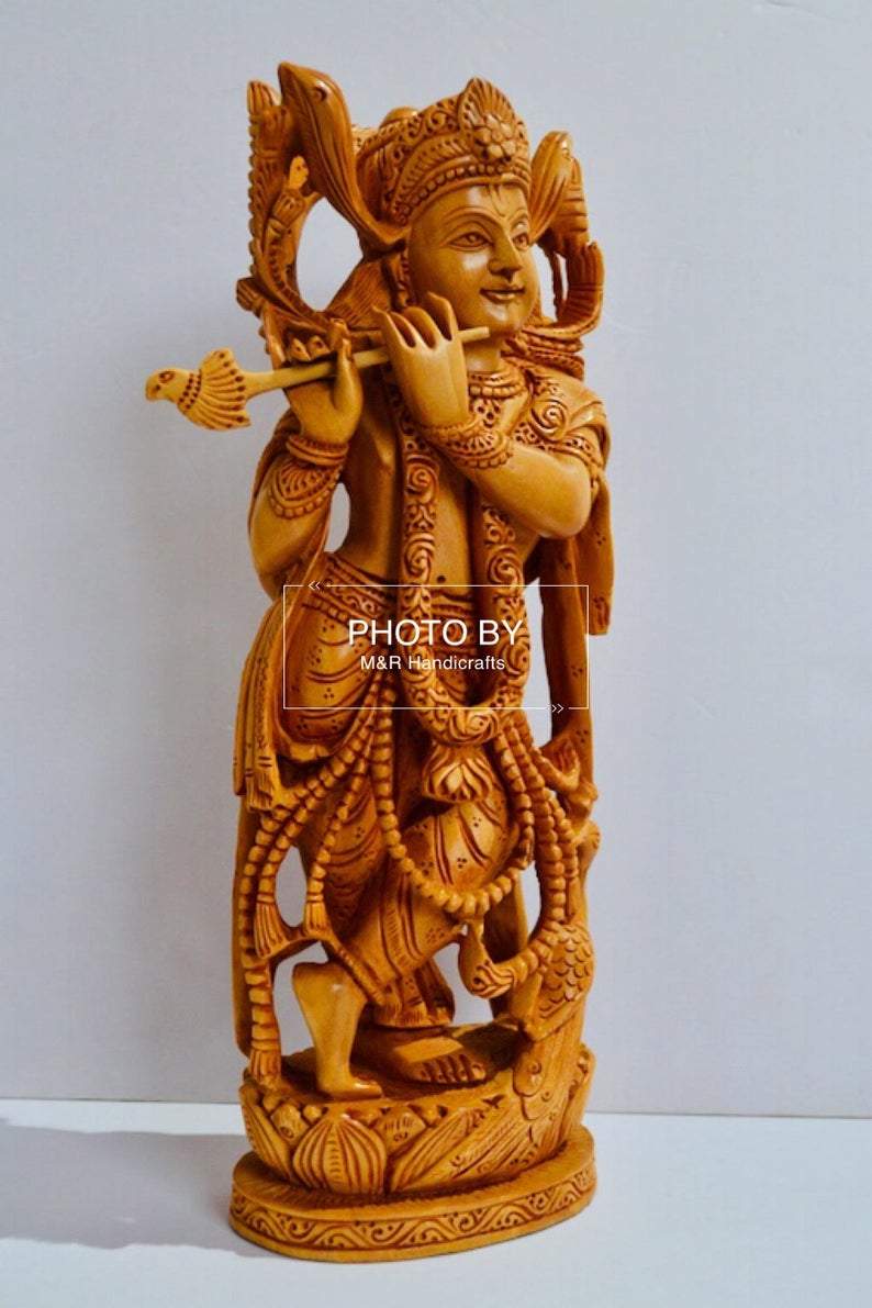 Wooden Fine Hand Carved Standing Krishna Statue - Malji Arts