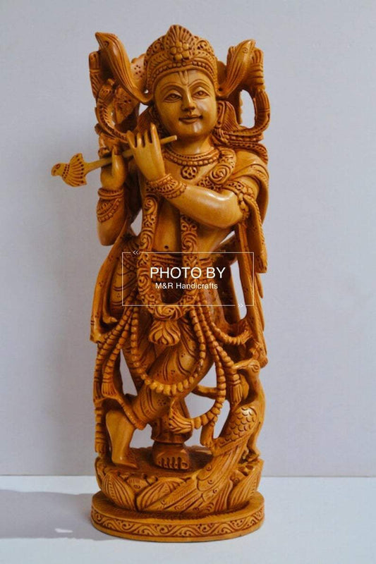 Wooden Fine Hand Carved Standing Krishna Statue - Malji Arts